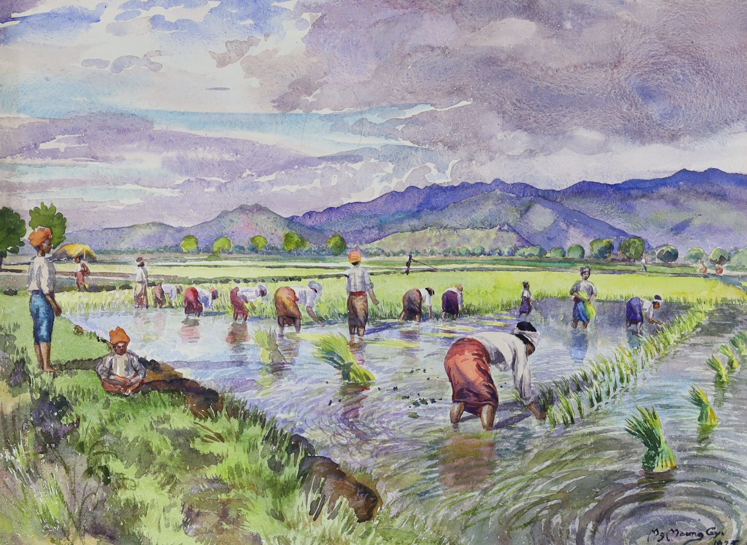 Mg Maung Gy (Burmese 1890-1942), three watercolours, Rice planters and River landscapes, signed and dated 1925, 34 x 45cm and 45 x 34cm, unframed